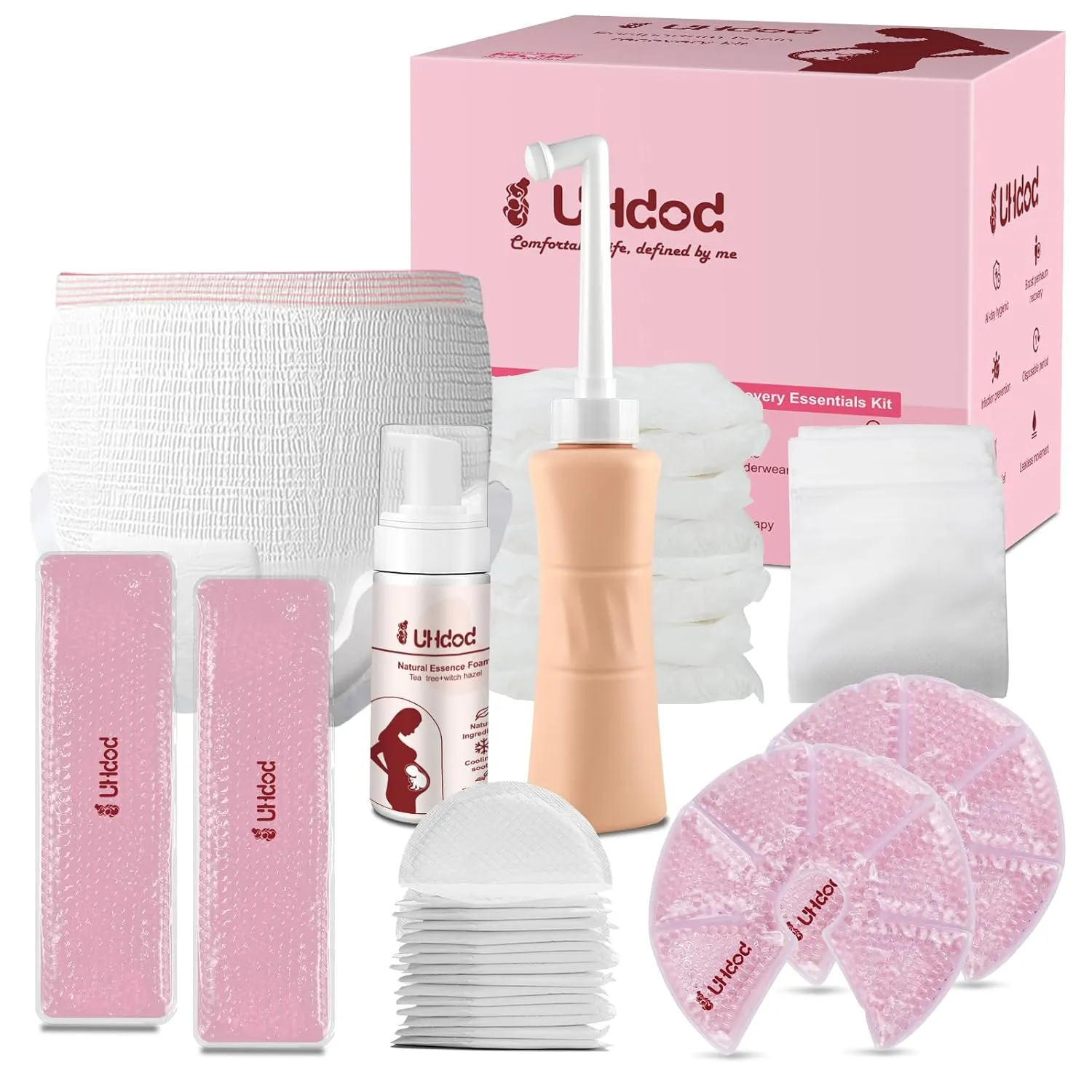 UHdod Postpartum Essentials Recovery Kit, Postpartum Kit for Women After Birth Labor Delivery Postpartum Care Kit, Disposable Underwear Cold Pads Cooling Foam Peri Bottle Nursing Pads Breast Ice Packs
