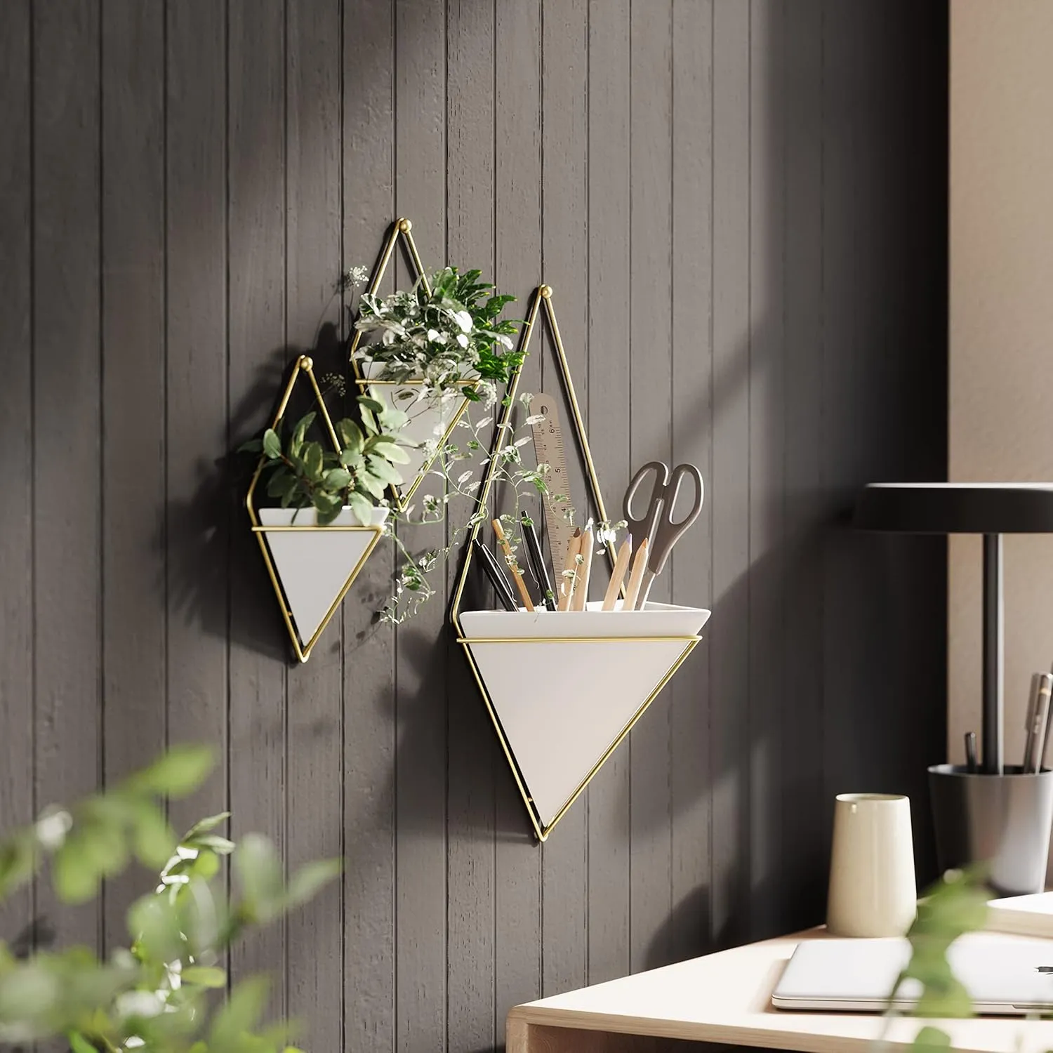 Umbra Trigg Hanging Planter Vase Wall Decor, Pot and Container for Succulents, Cactus, Faux Plants, and More, Large, White/Brass