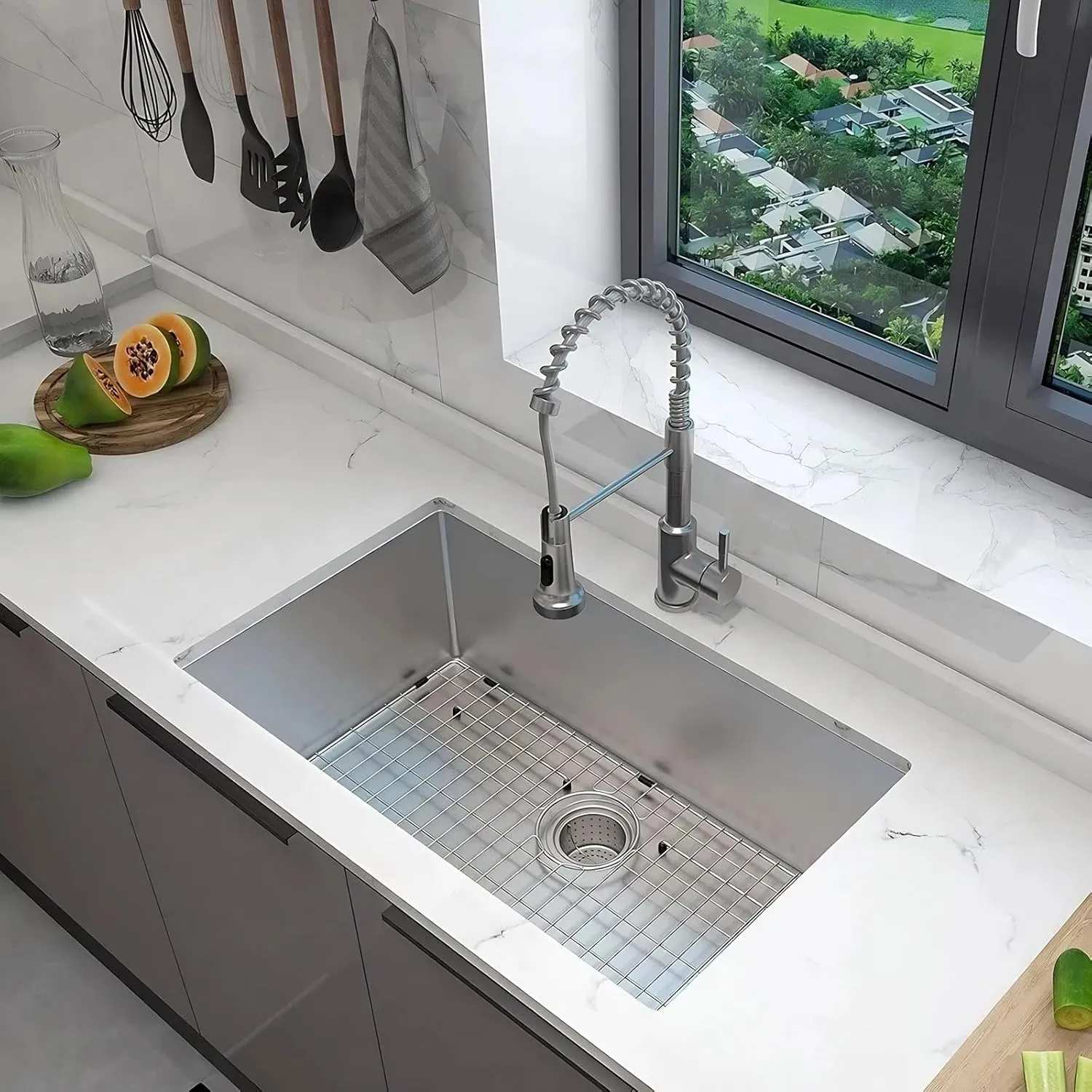 Undermount Embossed Kitchen Sink, 32x19”, Scratch-Resistant 3D Microbead Finish, Single Bowl Stainless Steel, 10" Deep, Easy-Clean
