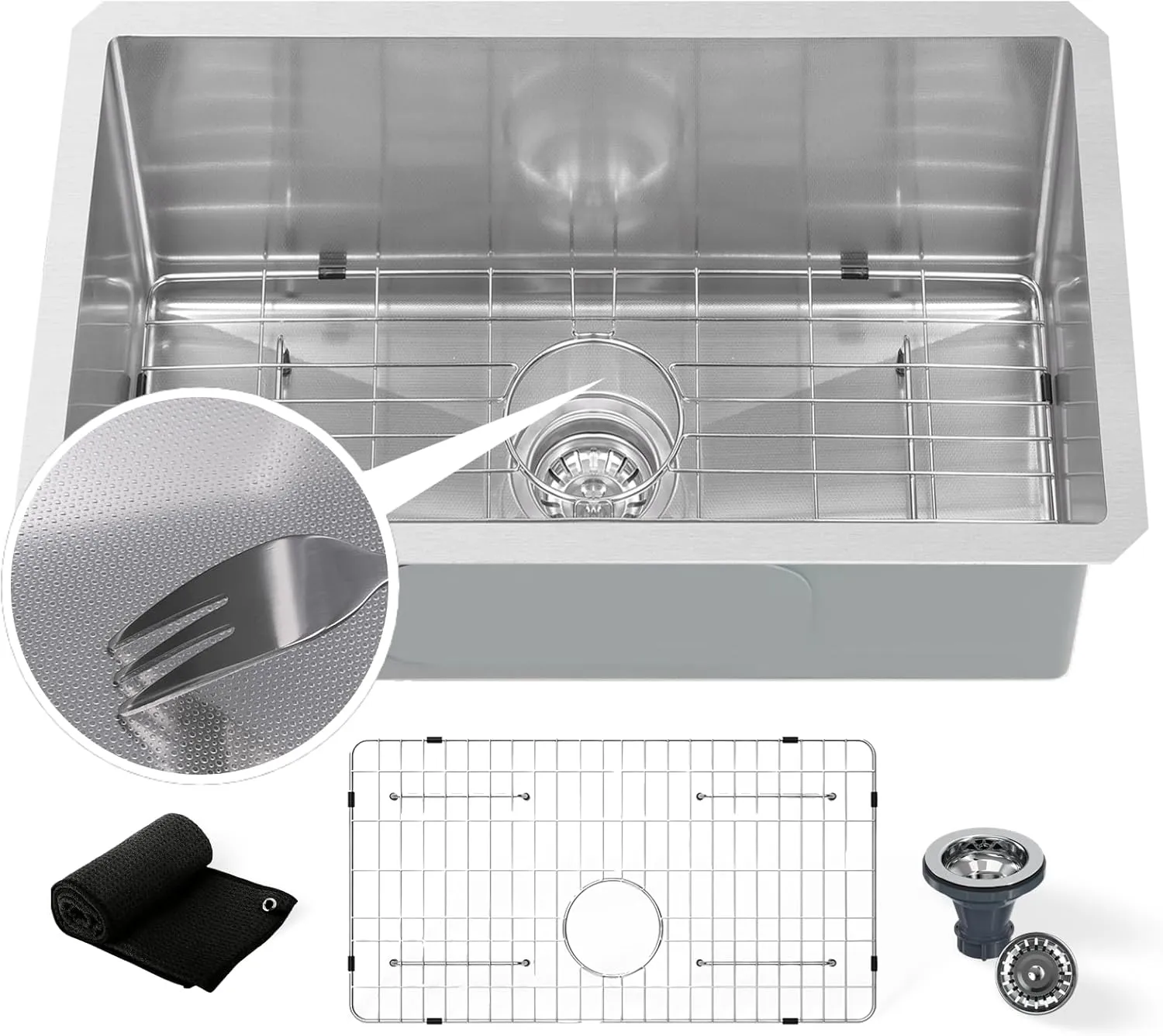 Undermount Embossed Kitchen Sink, 32x19”, Scratch-Resistant 3D Microbead Finish, Single Bowl Stainless Steel, 10" Deep, Easy-Clean