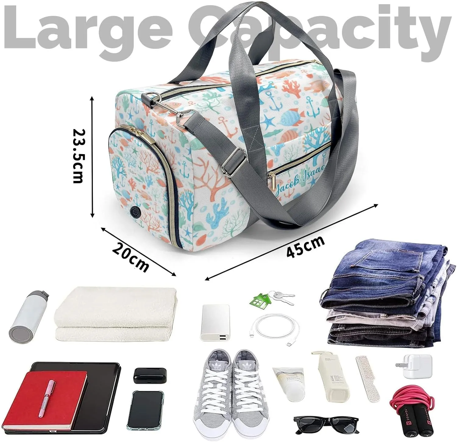 Underwater Coral Fishes Anchor Personalized Duffel Bags Customized Multi-Function Travel Bag Gym Sports Bag Dance Ballet Overnight Carry On Weekend Bag
