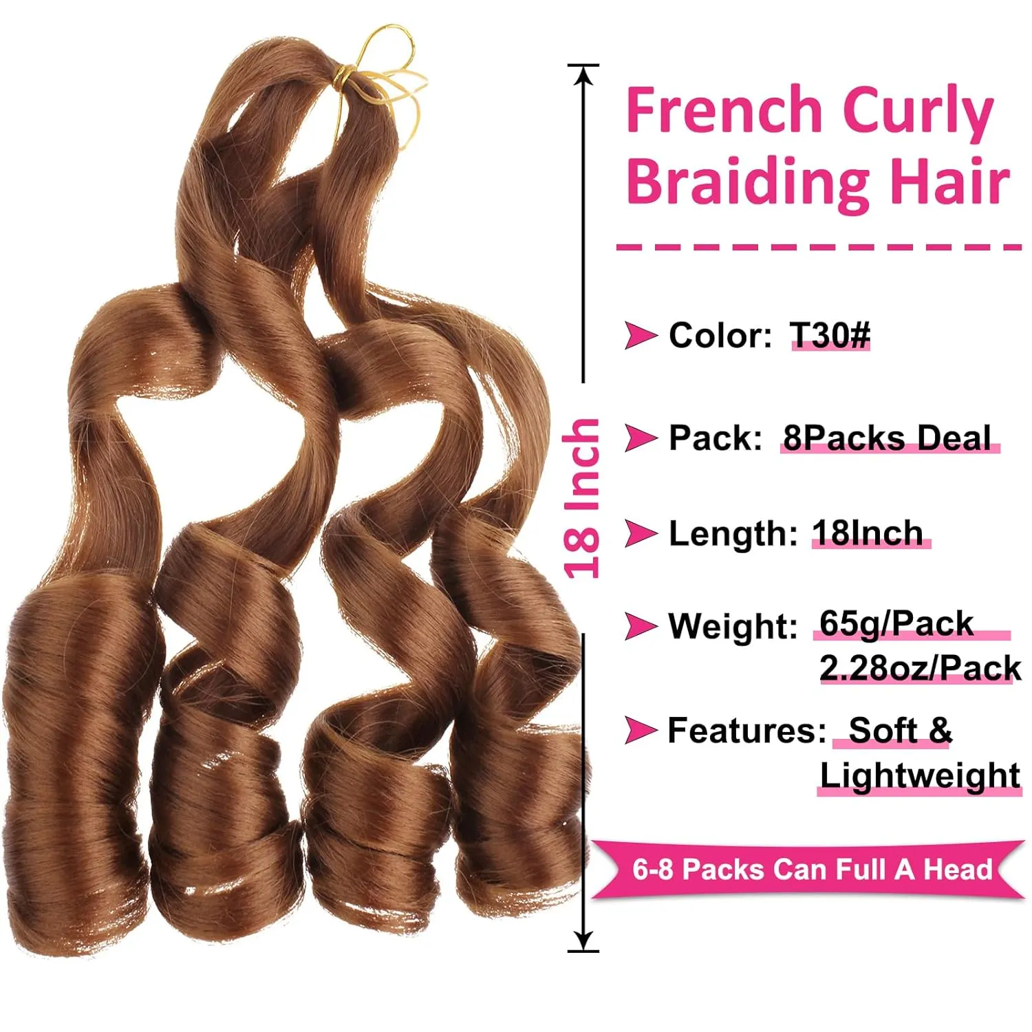Unionbeauty French Curl Braiding Hair 18 Inch 8 Packs Pre Stretched Body Wave Crochet Braids for Boho Box Braids Crochet Hair French Curls French Curly Braiding Hair for Black Woman 30#