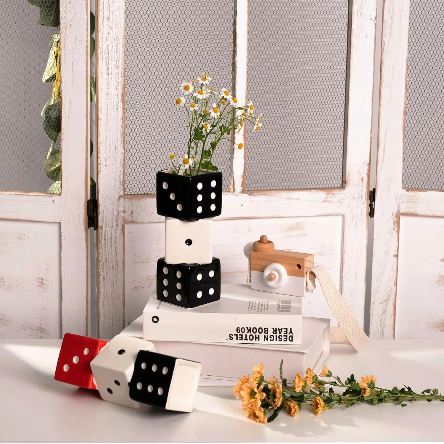 Unique Handmade Dice Vase - Stylish Black & White Ceramic Decor for Home, Bar | Geometric Design Perfect for Fresh, Dried, or Artificial Flowers | Eye-Catching Centerpiece & Decorative Accent