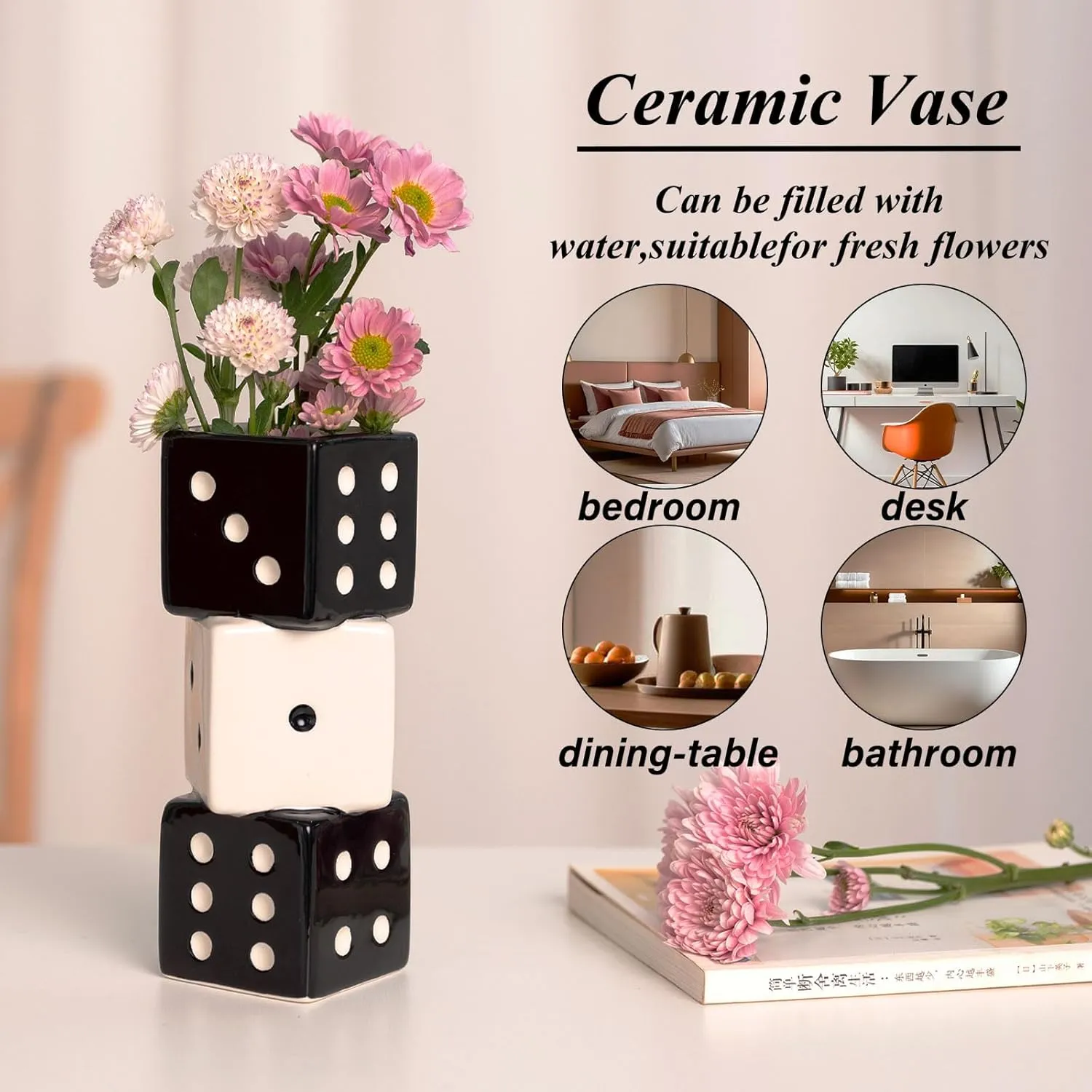 Unique Handmade Dice Vase - Stylish Black & White Ceramic Decor for Home, Bar | Geometric Design Perfect for Fresh, Dried, or Artificial Flowers | Eye-Catching Centerpiece & Decorative Accent