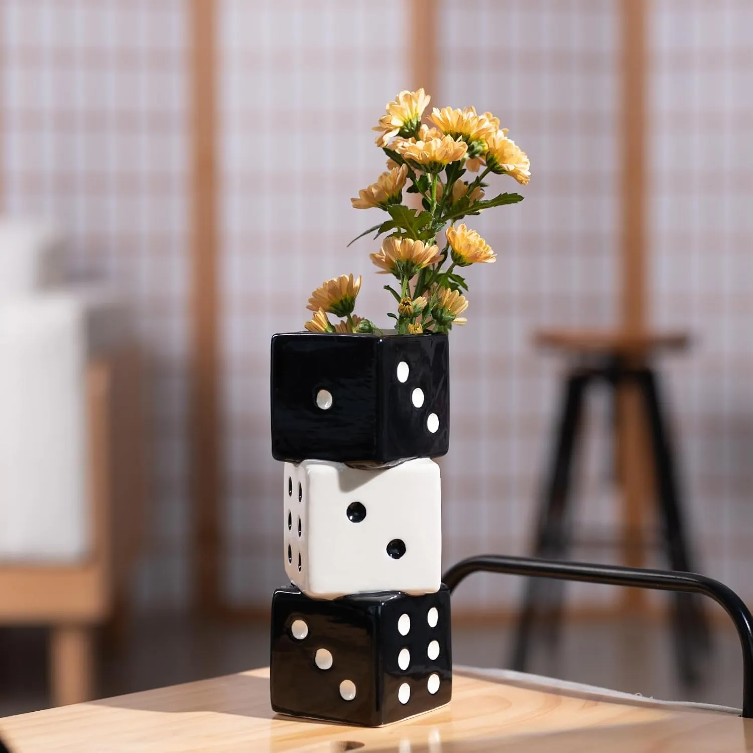 Unique Handmade Dice Vase - Stylish Black & White Ceramic Decor for Home, Bar | Geometric Design Perfect for Fresh, Dried, or Artificial Flowers | Eye-Catching Centerpiece & Decorative Accent