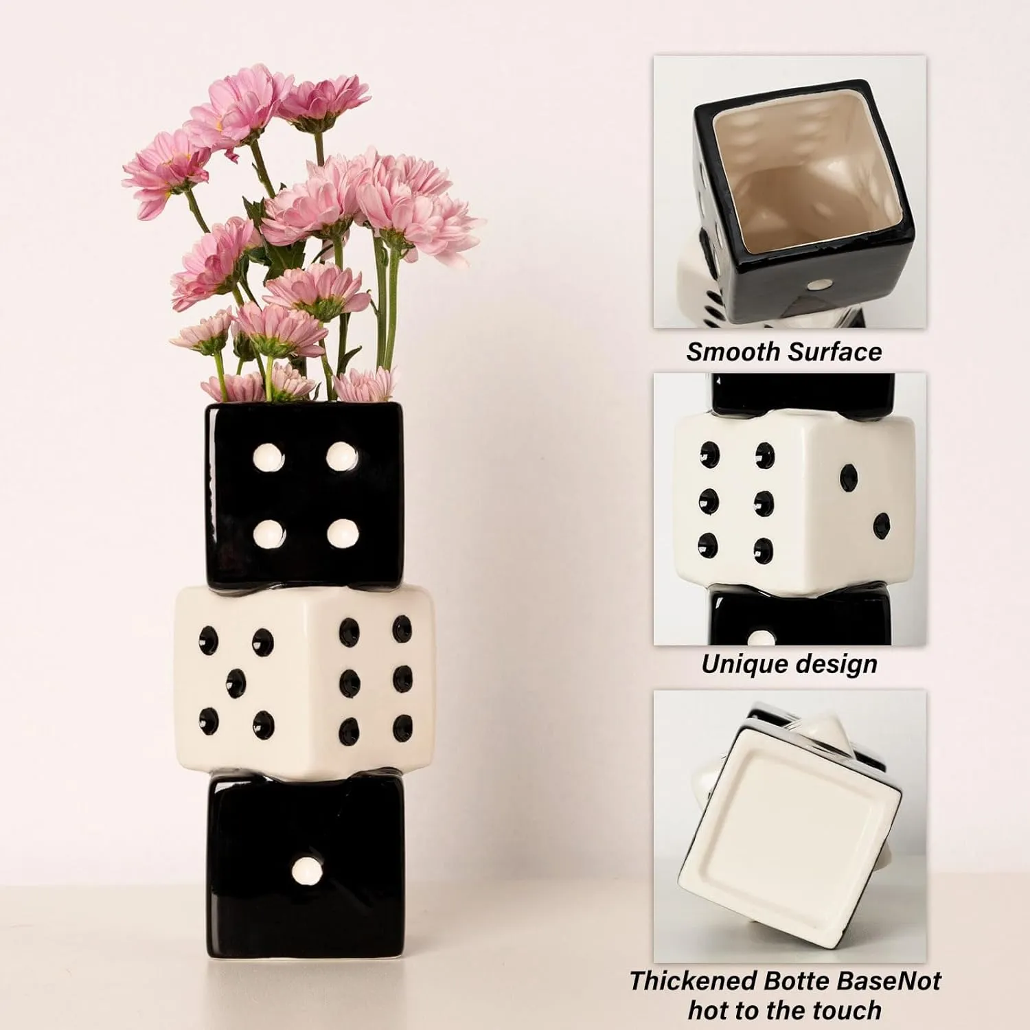 Unique Handmade Dice Vase - Stylish Black & White Ceramic Decor for Home, Bar | Geometric Design Perfect for Fresh, Dried, or Artificial Flowers | Eye-Catching Centerpiece & Decorative Accent