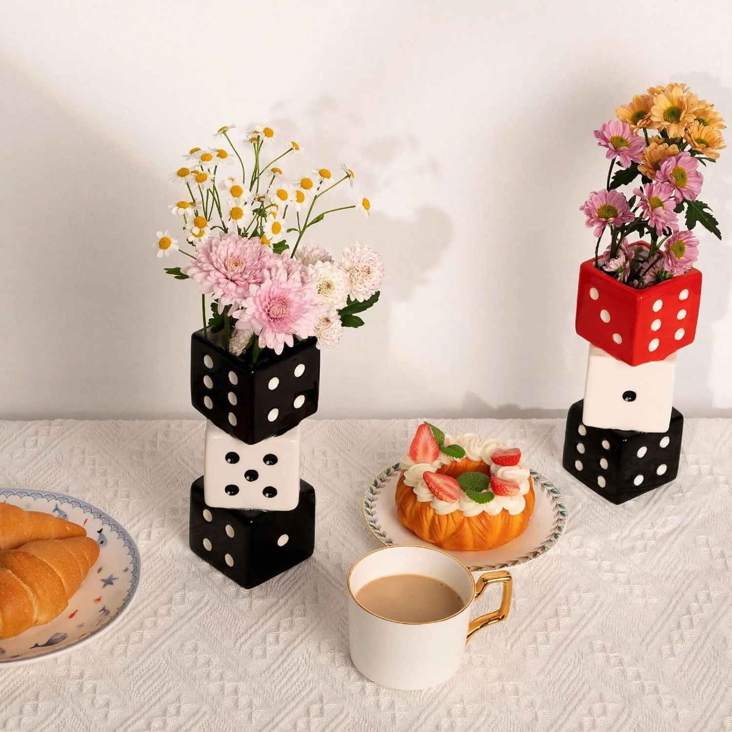 Unique Handmade Dice Vase - Stylish Black & White Ceramic Decor for Home, Bar | Geometric Design Perfect for Fresh, Dried, or Artificial Flowers | Eye-Catching Centerpiece & Decorative Accent