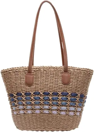 URAWOW Woven Rattan Handmade Straw Tote Bag Leather Top Handle Large shoulder handbag for Summer Beach Travel