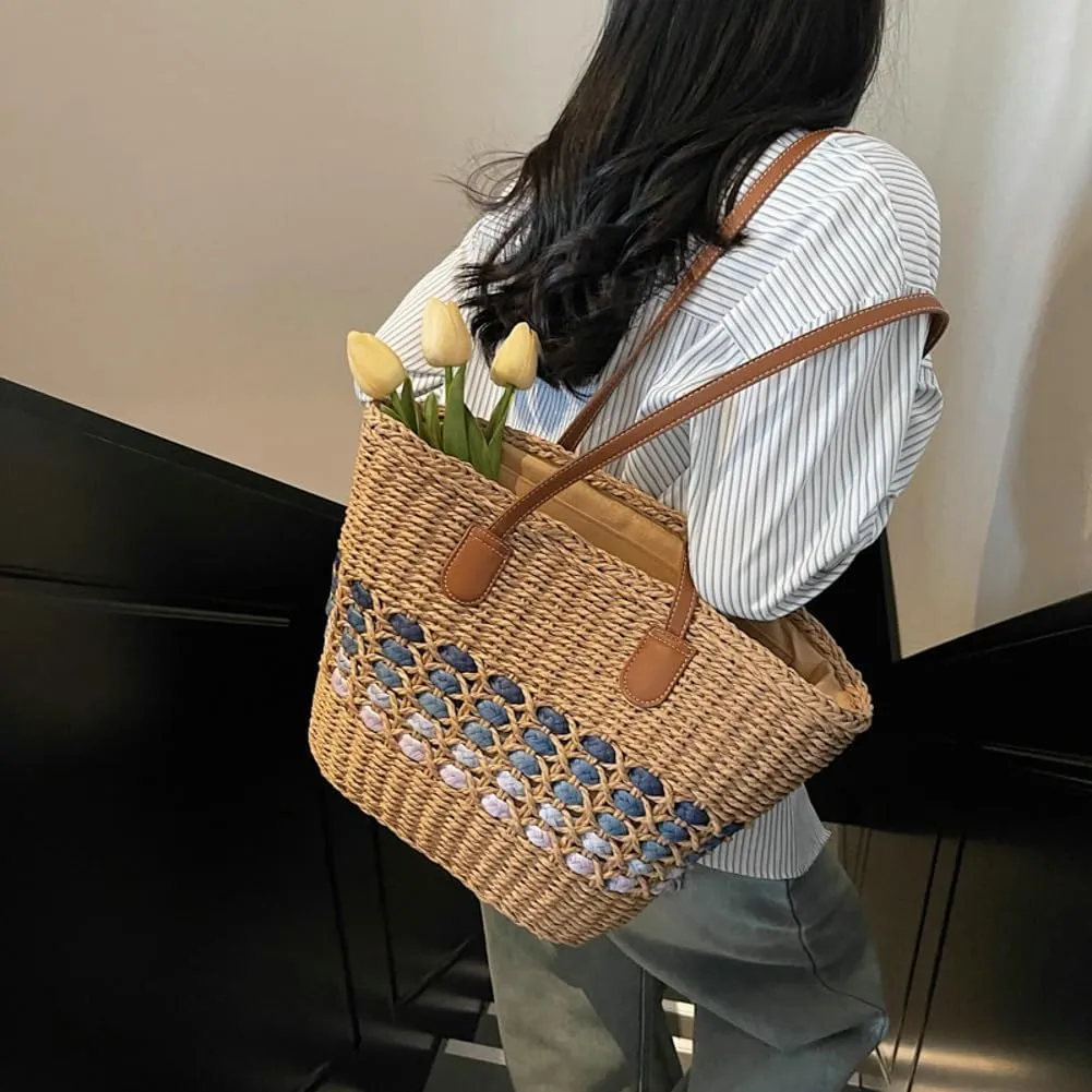 URAWOW Woven Rattan Handmade Straw Tote Bag Leather Top Handle Large shoulder handbag for Summer Beach Travel
