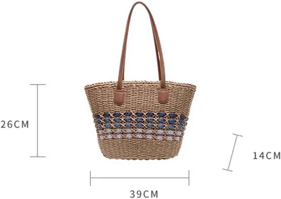 URAWOW Woven Rattan Handmade Straw Tote Bag Leather Top Handle Large shoulder handbag for Summer Beach Travel