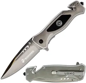 USMC Tactical Folding Knife–3.5 Inch Blade-Hunting, Rescue & Everyday Carry Gift for Marines Disabled Vet Owned Business | USMC Knife Silver