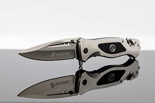 USMC Tactical Folding Knife–3.5 Inch Blade-Hunting, Rescue & Everyday Carry Gift for Marines Disabled Vet Owned Business | USMC Knife Silver