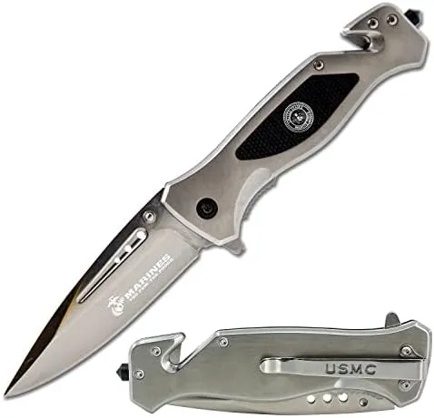 USMC Tactical Folding Knife–3.5 Inch Blade-Hunting, Rescue & Everyday Carry Gift for Marines Disabled Vet Owned Business | USMC Knife Silver