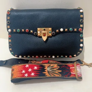 Valentino Embellished Leather Shoulder Bag in Black