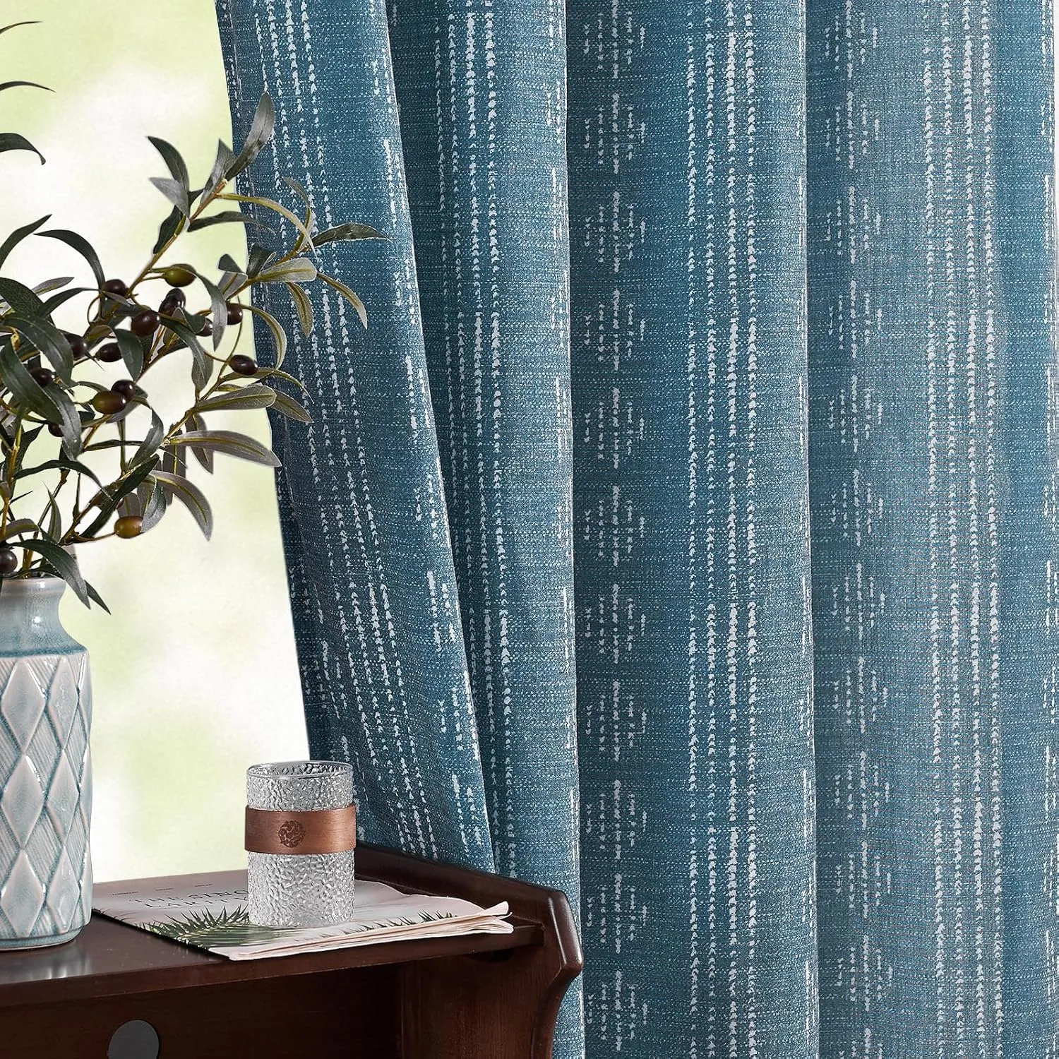Vangao Boho Curtains Blue Stripe Print Farmhouse Drapes 84 Inches Long 2 Panels Linen Blend Curtains for Living Room Bedroom Geometric Mudcloth Light Filtering Drapes Grommet Window Treatments