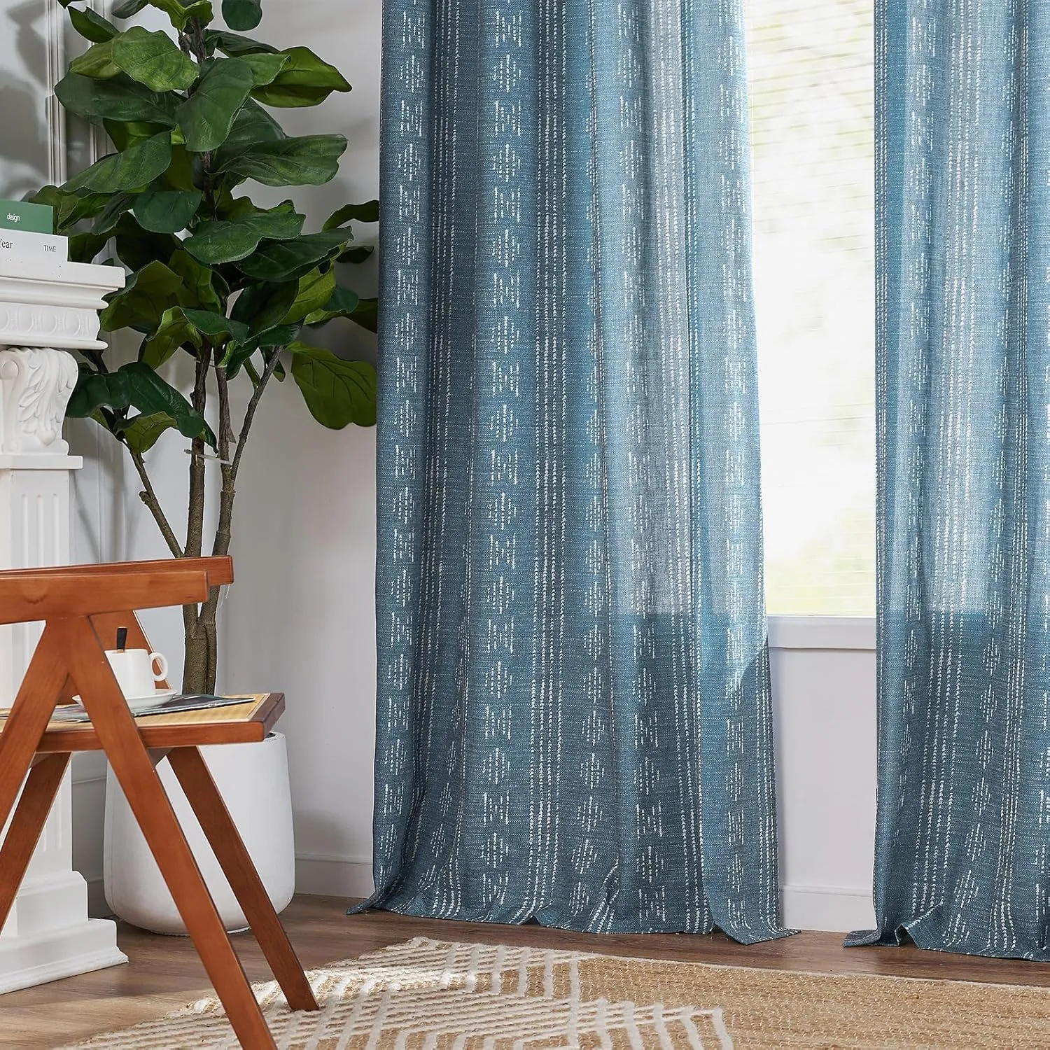 Vangao Boho Curtains Blue Stripe Print Farmhouse Drapes 84 Inches Long 2 Panels Linen Blend Curtains for Living Room Bedroom Geometric Mudcloth Light Filtering Drapes Grommet Window Treatments