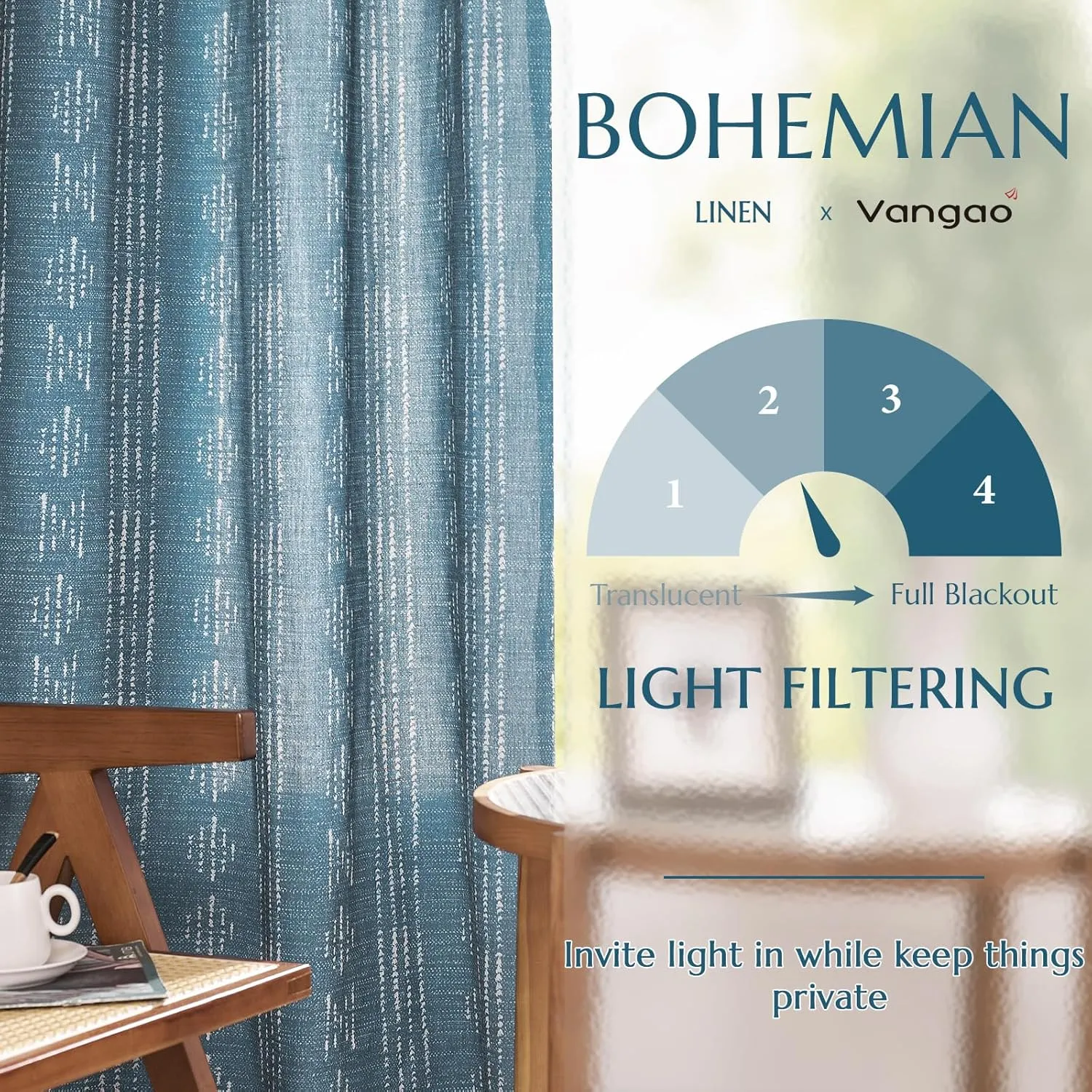 Vangao Boho Curtains Blue Stripe Print Farmhouse Drapes 84 Inches Long 2 Panels Linen Blend Curtains for Living Room Bedroom Geometric Mudcloth Light Filtering Drapes Grommet Window Treatments