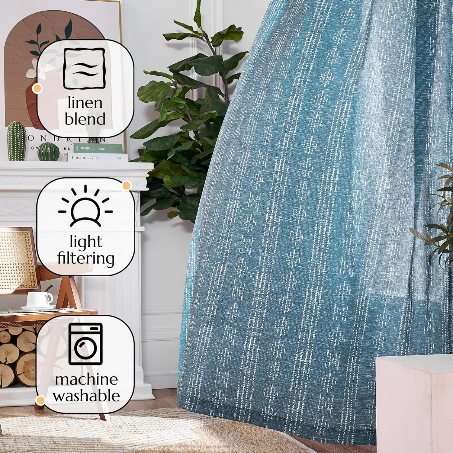 Vangao Boho Curtains Blue Stripe Print Farmhouse Drapes 84 Inches Long 2 Panels Linen Blend Curtains for Living Room Bedroom Geometric Mudcloth Light Filtering Drapes Grommet Window Treatments