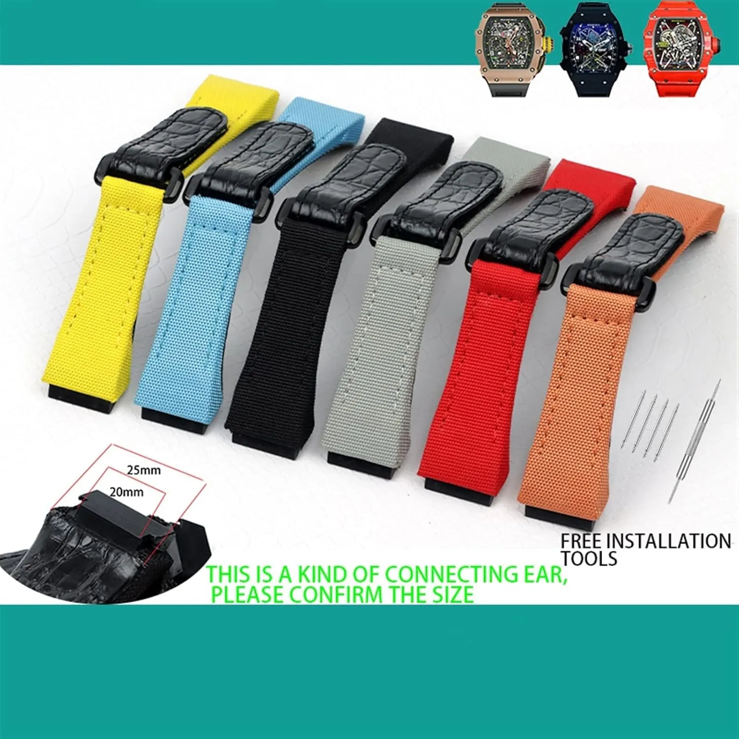 VELORE 25mm Men Nylon Fabric With Leather Watchband For Richard Watch Mille Strap Band Bracelet Buckle For Spring Bar Version