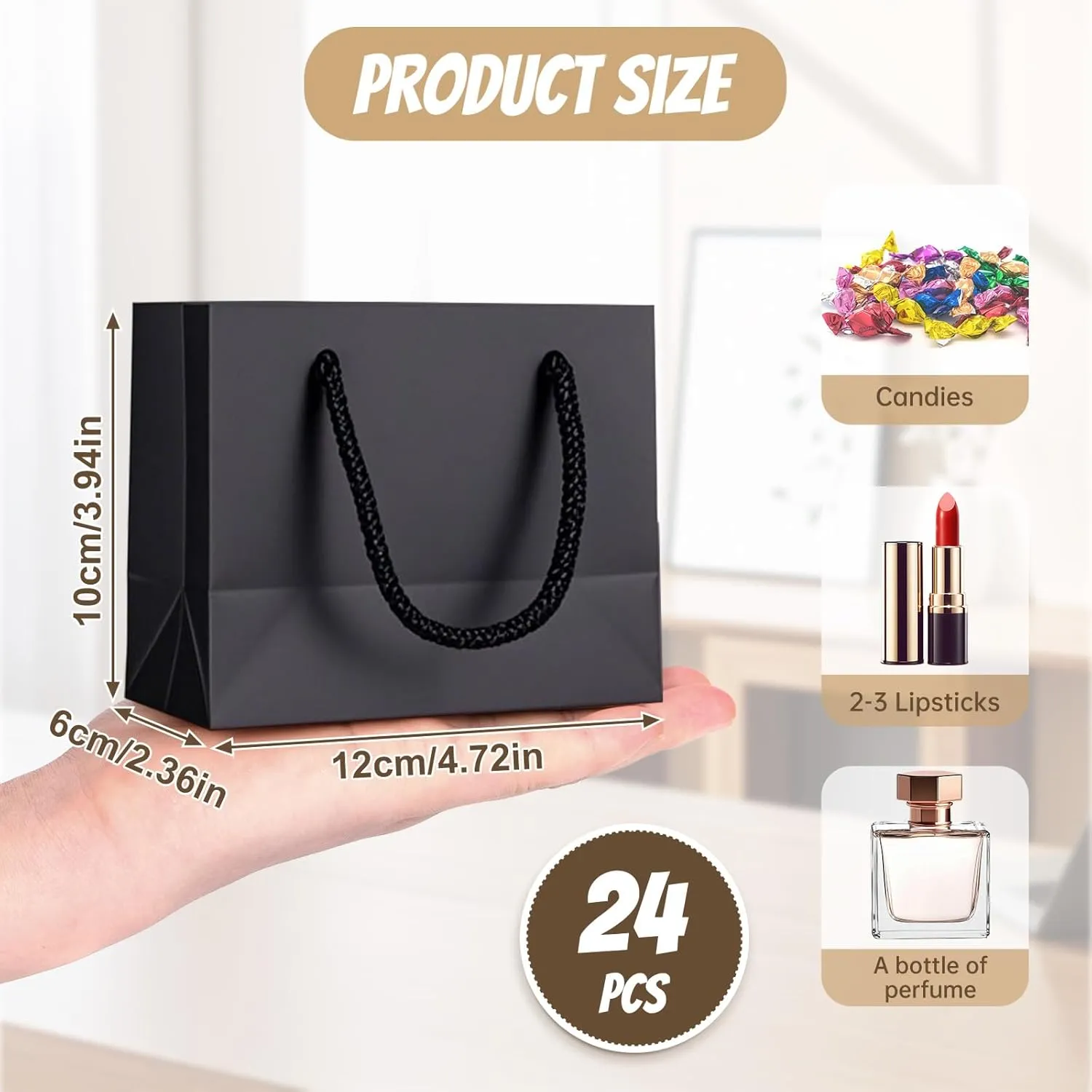 Venyat 24 Pack Extra Small Gift Bags, 4.7 x 2.4 x 4 Inches Mini Gift Bags with Handle for Birthday, Party Favors, Weddings (Black)