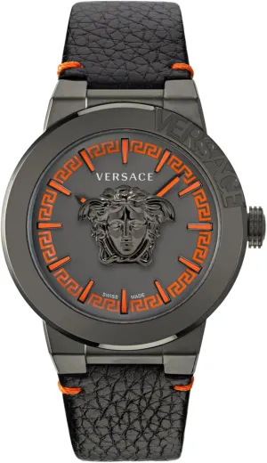 Versace Medusa Infinite Collection Luxury Mens Watch Timepieces with a Black Strap and Dial Featuring a Gun Case
