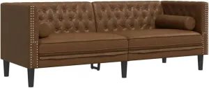 vidaXL Chesterfield Sofa with Bolsters - 3 Seater - Brown Faux Suede Leather - Classic Button-Tufted - Thickly Padded Seat - Stable Wooden Frame - Living Room Furniture
