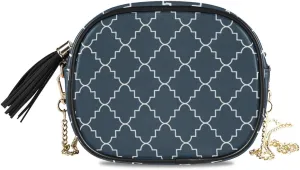 Vikko Quatrefoil Seamless Blue Geometric Small Crossbody Bag Handbag Purse PU Leather Women Shoulder Chain Bag With Metal Chain Strap And Tassel Top Zipper