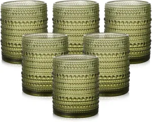 Vintage Glassware Drinking Glasses Set of 6,12 oz Hobnail Glass Cups,Embossed Green Water Tumbler,for Beer,Cocktail,Whiskey,Juice and Various Mixed Drinks- 1 Cleaning Brush