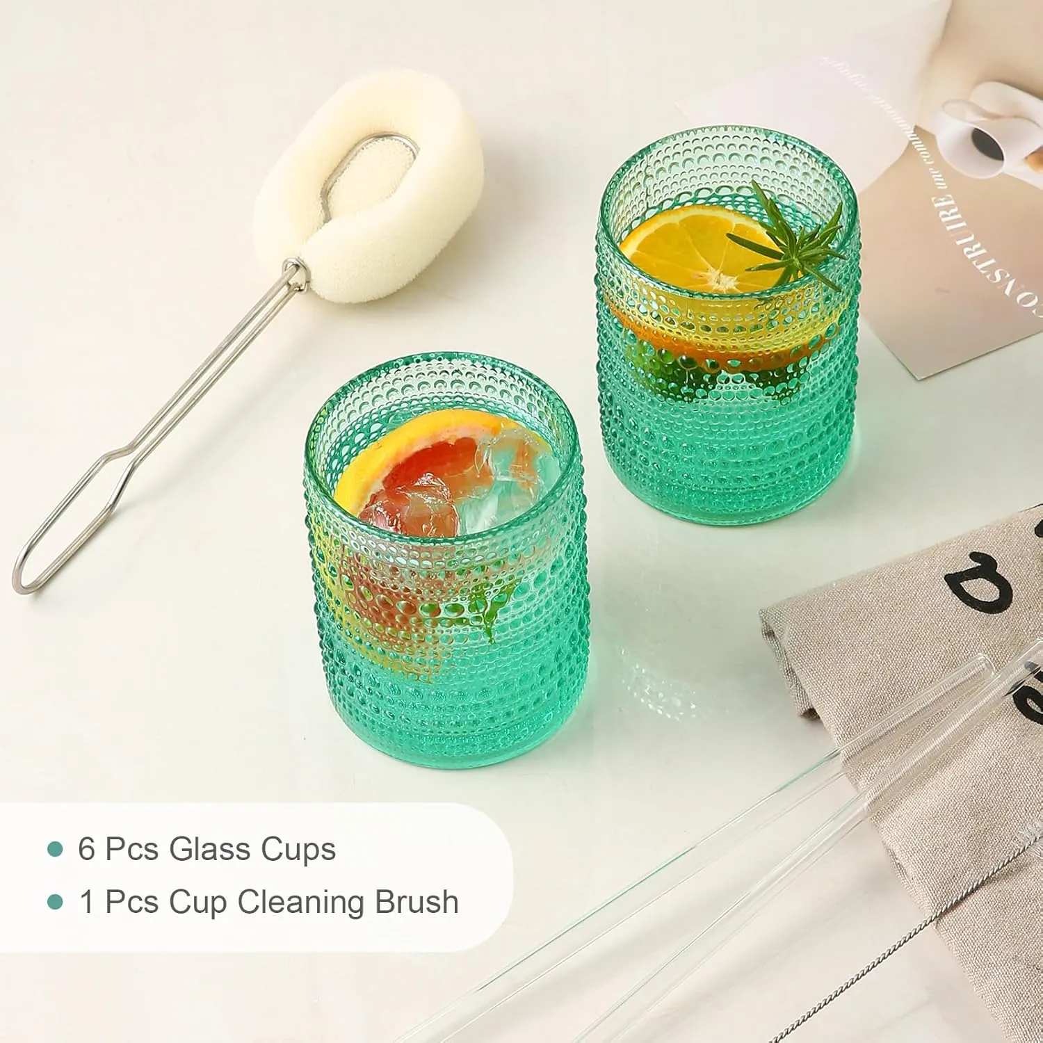 Vintage Glassware Drinking Glasses Set of 6,12 oz Hobnail Glass Cups,Embossed Lake Blue Water Tumbler,for Beer,Cocktail,Whiskey,Juice and Various Mixed Drinks- 1 Cleaning Brush