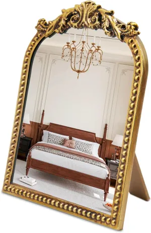 Vintage Makeup Mirror Antique Vanity Mirror Gold Arched Tabletop Mirrors for Dresser,Baroque Ornate Standing Decor for Desk Living Room,Bedroom 12.1" x 9.8"