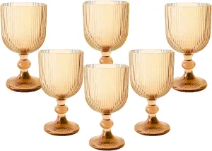 Vintage Wine Glasses Set of 6, 11 Ounces Colored Glass Water Goblets, Colorful Unique Embossed Pattern High Clear Stemmed Glassware Wedding Party Bar Glass Drinking Cups Vertical Line Gold Amber