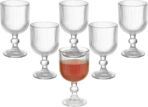 Vintage Wine Glasses Set of 6, 11 Ounces Colored Glass Water Goblets, Unique Embossed Pattern High Clear Stemmed Glassware Wedding Party Bar Glass Drinking Cups Fancy Glasses Vertical Line Clear