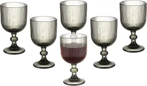 Vintage Wine Glasses Set of 6, 11 Ounces Colored Glass Water Goblets, Unique Embossed Pattern High Clear Stemmed Glassware Wedding Party Bar Glass Drinking Cups Fancy Glasses Vertical Line Grey