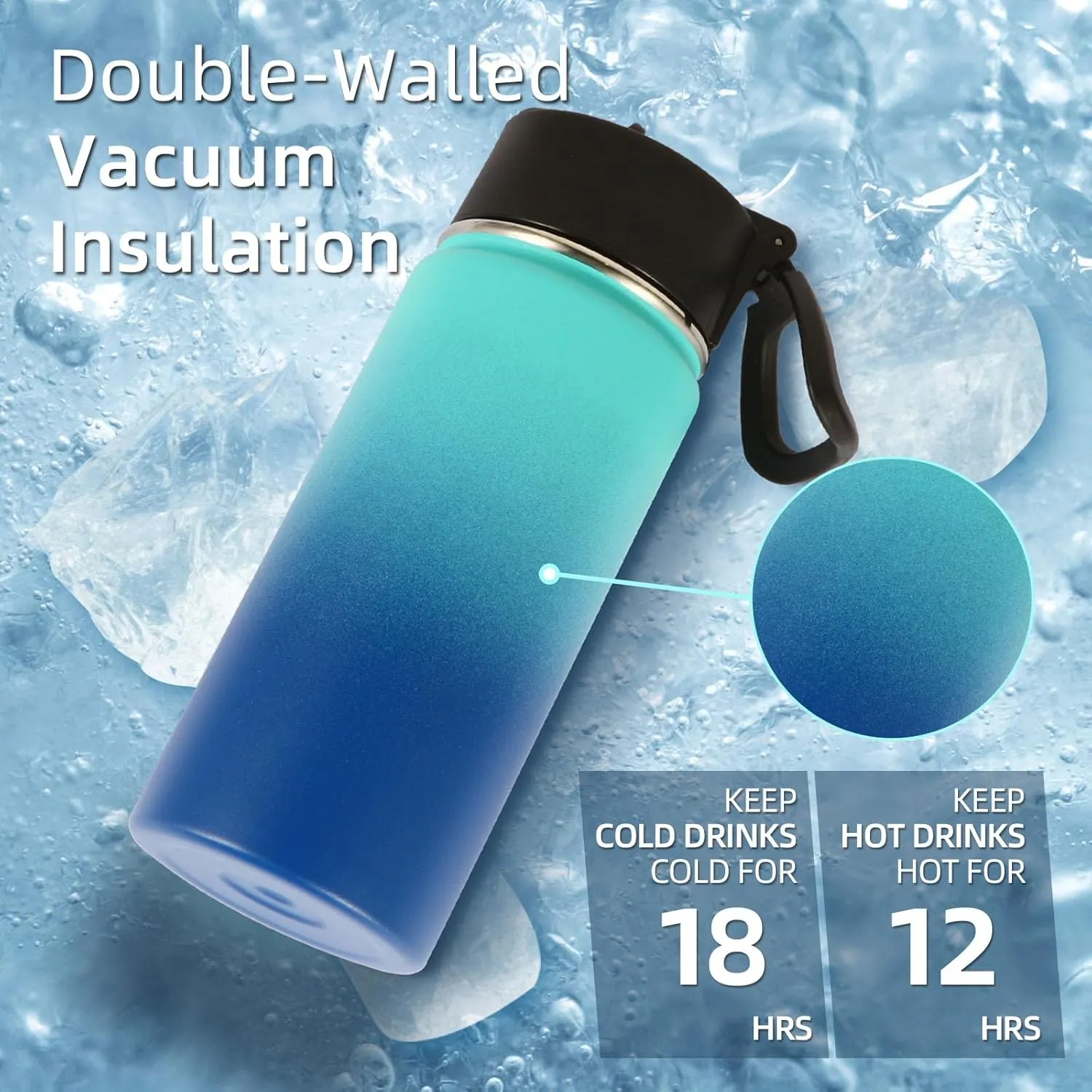 Volhoply 16 OZ Kids Water Bottle Bulk 2 Pack,Insulated Sports Bottles with Straw Lid,Stainless Steel Bottle with Handle Keep Cold & Hot,Double Wall Vacuum Tumbler Cups for School(Green Blue,Set of 2)