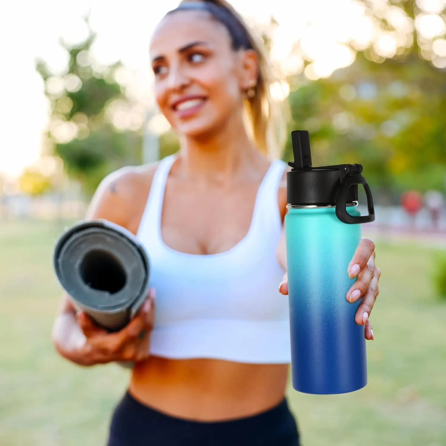 Volhoply 16 OZ Kids Water Bottle Bulk 2 Pack,Insulated Sports Bottles with Straw Lid,Stainless Steel Bottle with Handle Keep Cold & Hot,Double Wall Vacuum Tumbler Cups for School(Green Blue,Set of 2)
