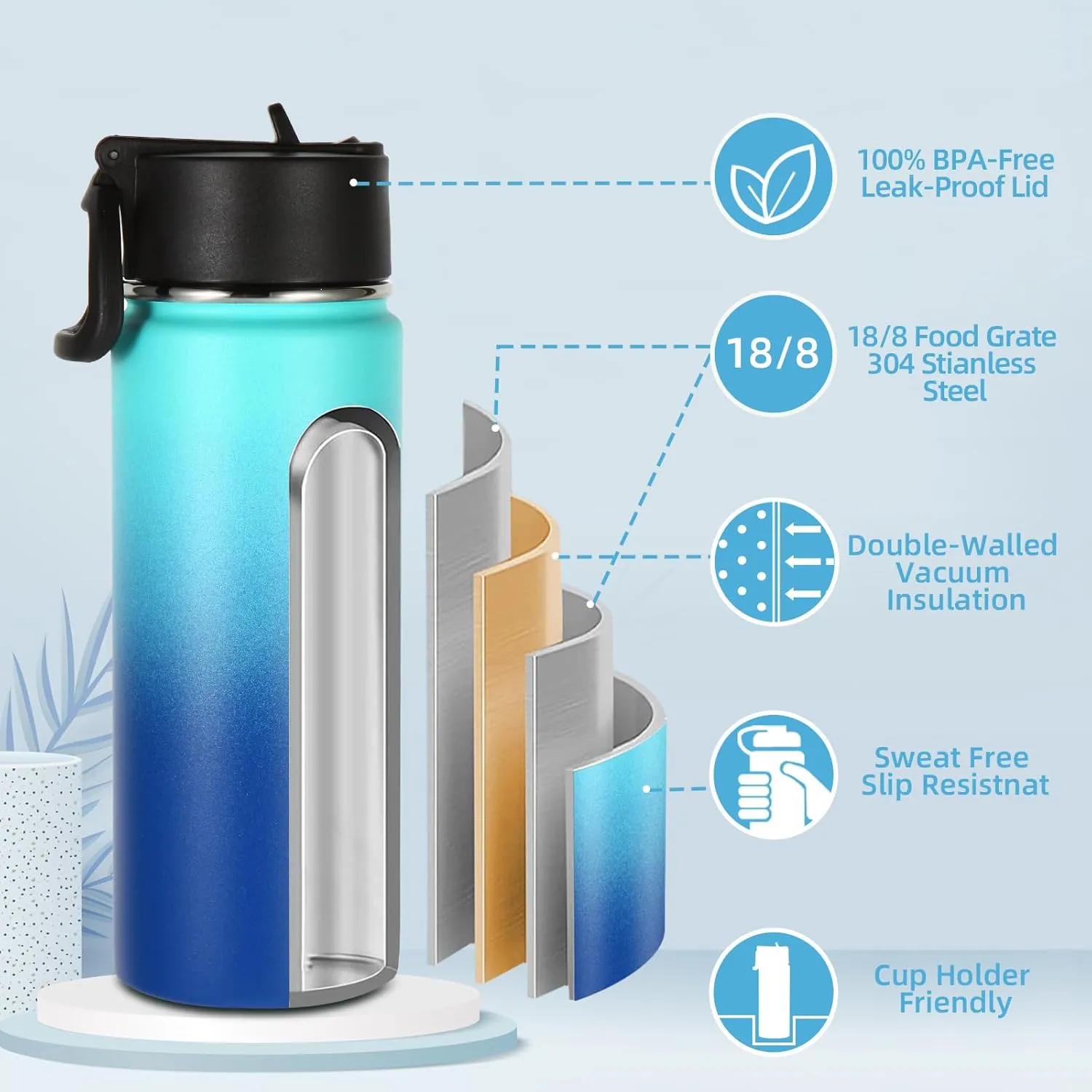 Volhoply 16 OZ Kids Water Bottle Bulk 2 Pack,Insulated Sports Bottles with Straw Lid,Stainless Steel Bottle with Handle Keep Cold & Hot,Double Wall Vacuum Tumbler Cups for School(Green Blue,Set of 2)