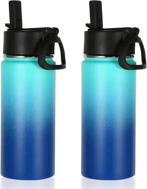 Volhoply 16 OZ Kids Water Bottle Bulk 2 Pack,Insulated Sports Bottles with Straw Lid,Stainless Steel Bottle with Handle Keep Cold & Hot,Double Wall Vacuum Tumbler Cups for School(Green Blue,Set of 2)