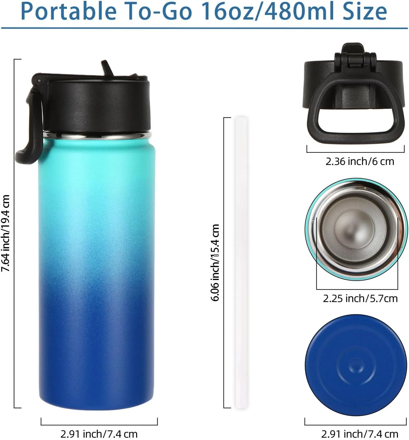 Volhoply 16 OZ Kids Water Bottle Bulk 2 Pack,Insulated Sports Bottles with Straw Lid,Stainless Steel Bottle with Handle Keep Cold & Hot,Double Wall Vacuum Tumbler Cups for School(Green Blue,Set of 2)