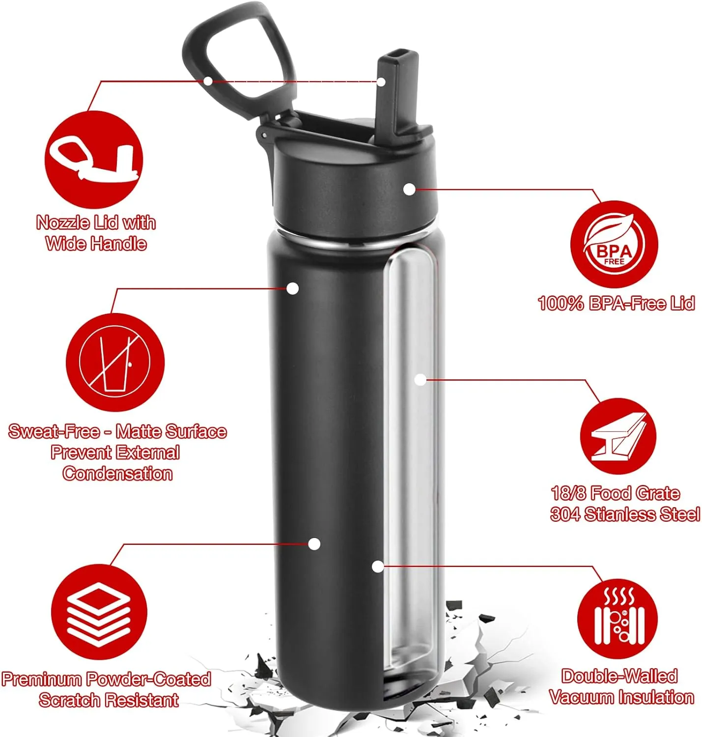 Volhoply Insulated Water Bottles with Straw Bulk 8 Pack, 22 oz Stainless Steel Sports Bottle with Lid,Double Walled Vacuum Metal Thermos with Wide Mouth, Reusable Water Flask for School(Black,8 Set)