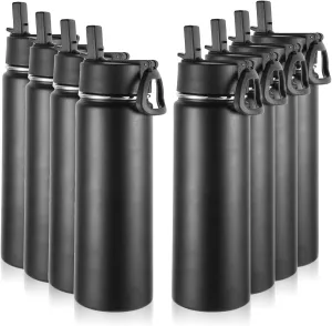 Volhoply Insulated Water Bottles with Straw Bulk 8 Pack, 22 oz Stainless Steel Sports Bottle with Lid,Double Walled Vacuum Metal Thermos with Wide Mouth, Reusable Water Flask for School(Black,8 Set)