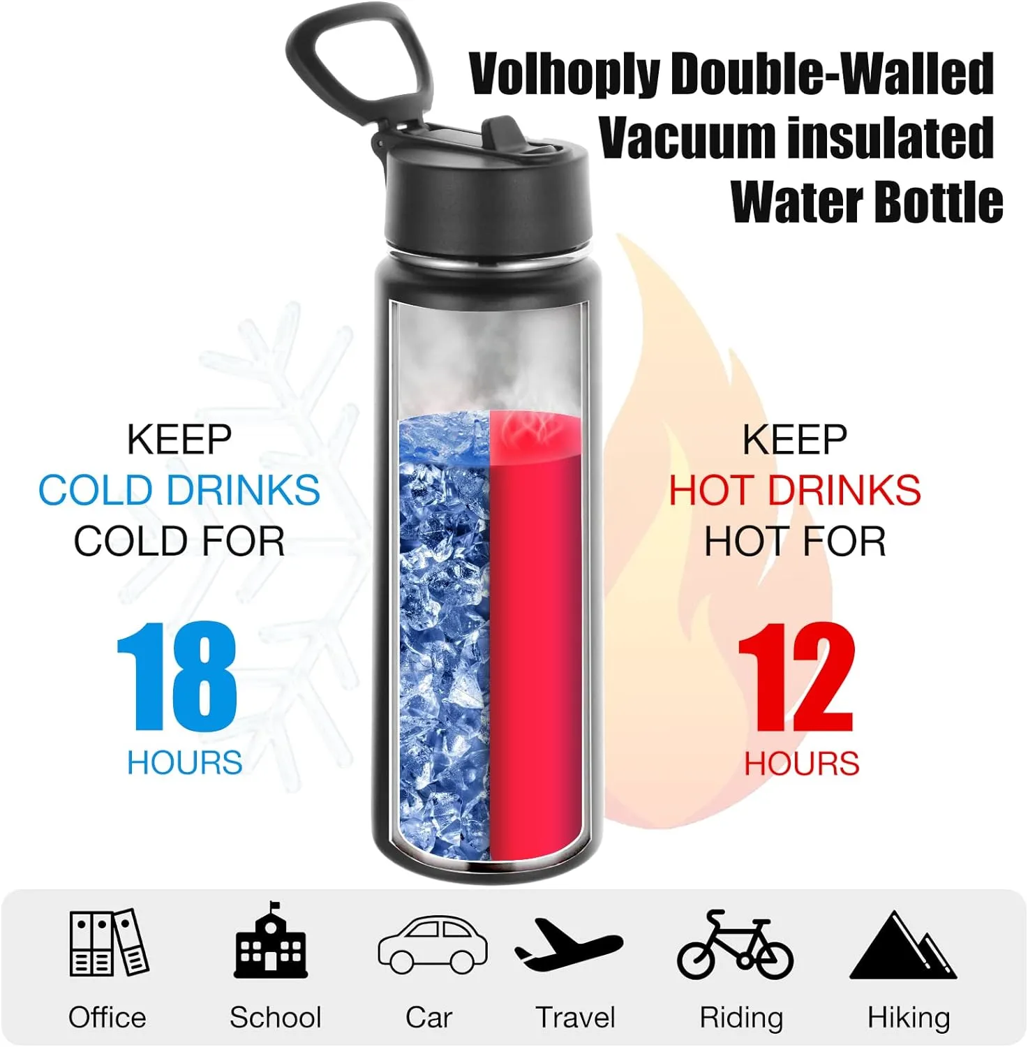 Volhoply Insulated Water Bottles with Straw Bulk 8 Pack, 22 oz Stainless Steel Sports Bottle with Lid,Double Walled Vacuum Metal Thermos with Wide Mouth, Reusable Water Flask for School(Black,8 Set)