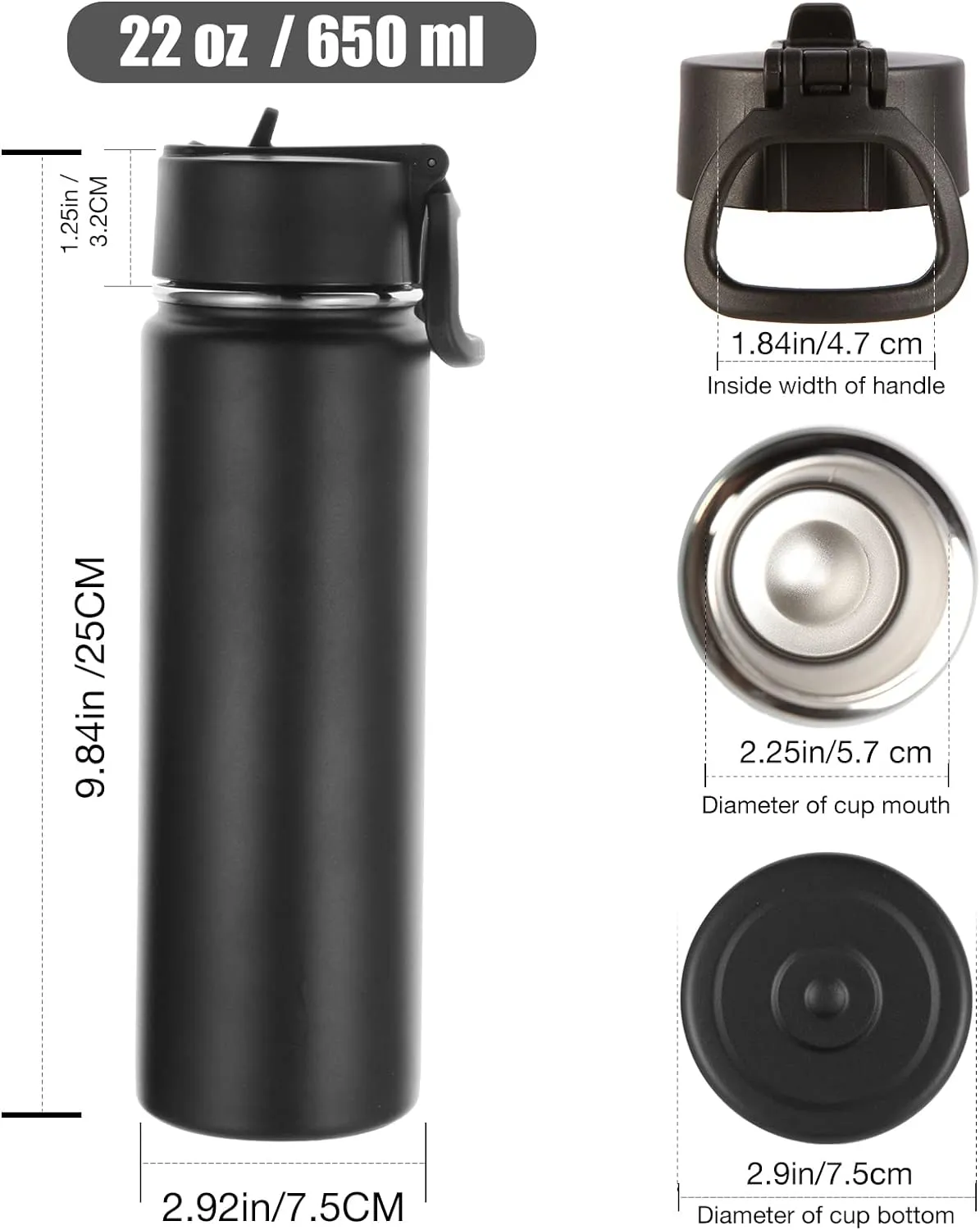 Volhoply Insulated Water Bottles with Straw Bulk 8 Pack, 22 oz Stainless Steel Sports Bottle with Lid,Double Walled Vacuum Metal Thermos with Wide Mouth, Reusable Water Flask for School(Black,8 Set)