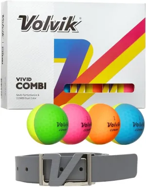 Volvik New Vivid Combi Dual Color Golf Balls Bundle with Genuine Italian Real Solid Leather Belt, Unisex