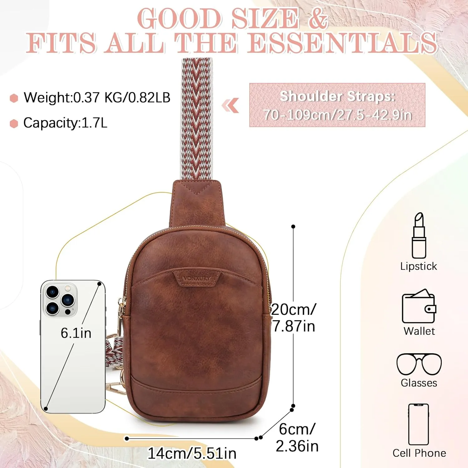 VX VONXURY Sling Bag for Women PU Leather Fanny Packs Crossbody Purse Chest Bag for Travel Hiking Cycling with Adjustable Guitar Strap Brown