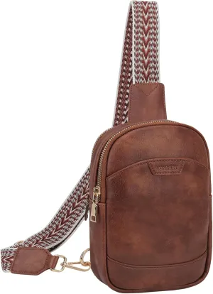 VX VONXURY Sling Bag for Women PU Leather Fanny Packs Crossbody Purse Chest Bag for Travel Hiking Cycling with Adjustable Guitar Strap Brown