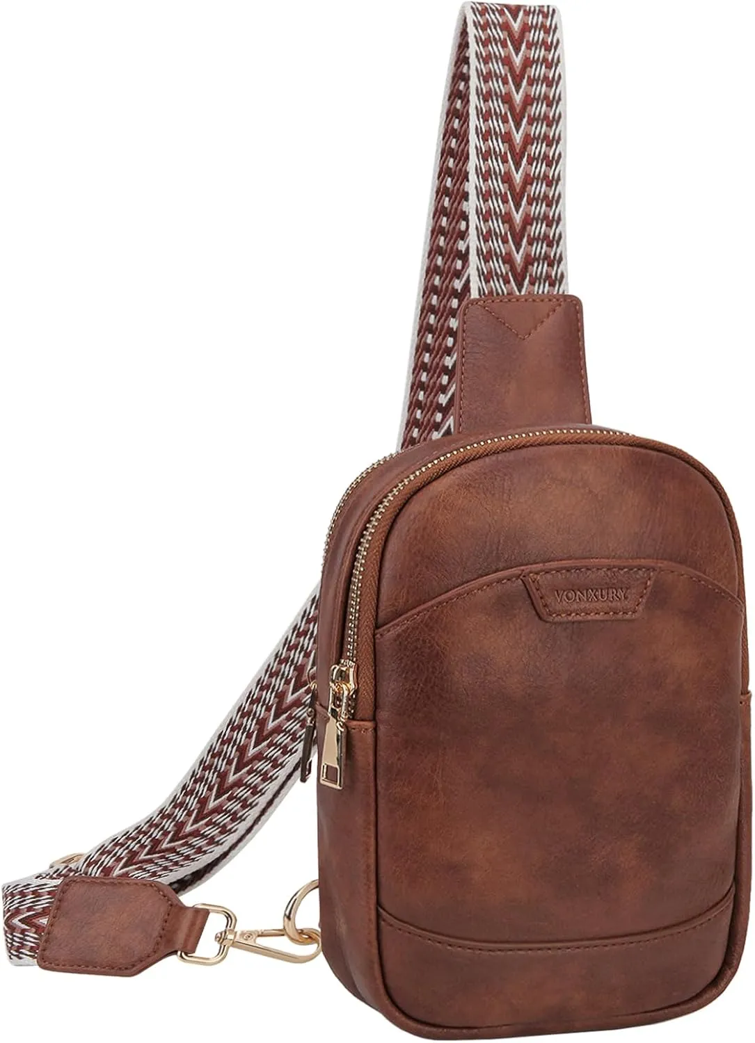 VX VONXURY Sling Bag for Women PU Leather Fanny Packs Crossbody Purse Chest Bag for Travel Hiking Cycling with Adjustable Guitar Strap Brown