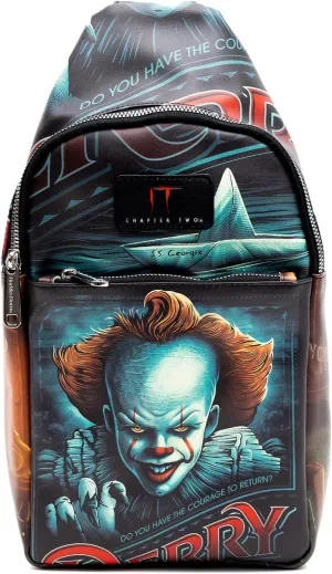 Warner Bros. Horror Movies Vegan Leather Crossbody Sling Bag, It Chapter Two Pennywise Derry Circus Pose, 7" x 14"