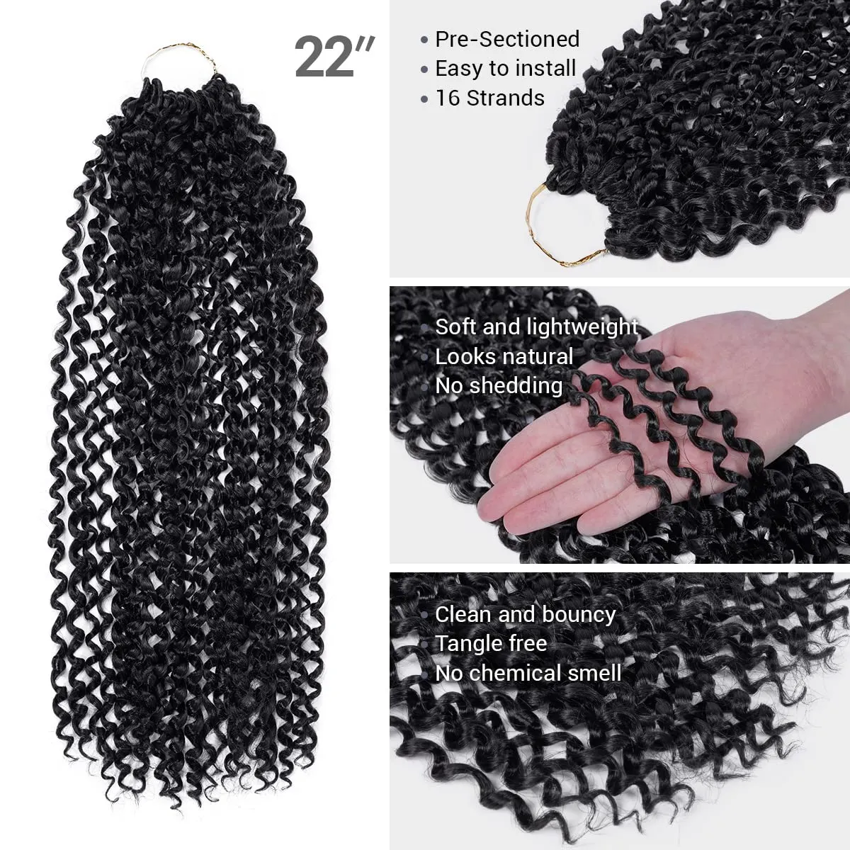 Water Wave Crochet Braids Hair, 22 Inch, 6 Packs, Synthetic Extensions for Passion Twists, Butterfly Locs, and Bohemian Styles, (1, Jet Black)