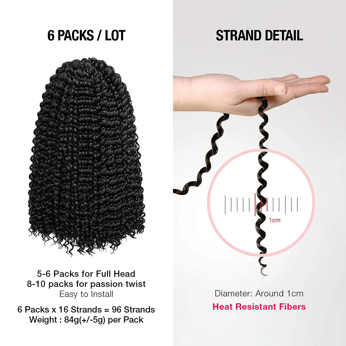 Water Wave Crochet Braids Hair, 22 Inch, 6 Packs, Synthetic Extensions for Passion Twists, Butterfly Locs, and Bohemian Styles, (1, Jet Black)