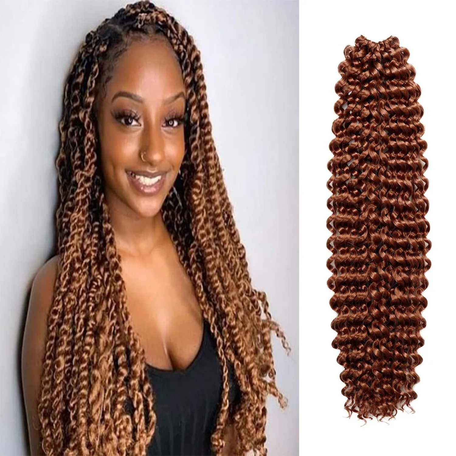 Water Wave Crochet Braids Hair, 22 Inch, 6 Packs, Synthetic Extensions for Passion Twists, Butterfly Locs, and Bohemian Styles, (30, Light Auburn)